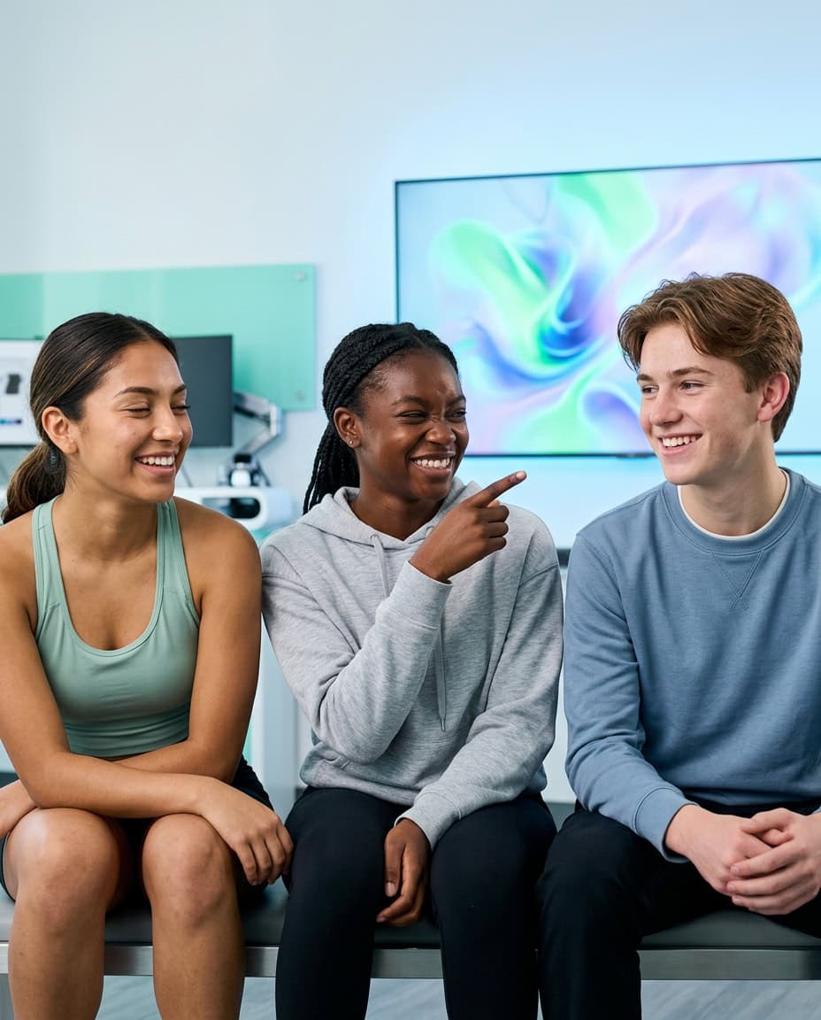 Three young patients smiling and interacting in a modern orthodontic office, showcasing a friendly atmosphere at SMILE-FX Orthodontic & Clear Aligner Studio in Miramar, FL.